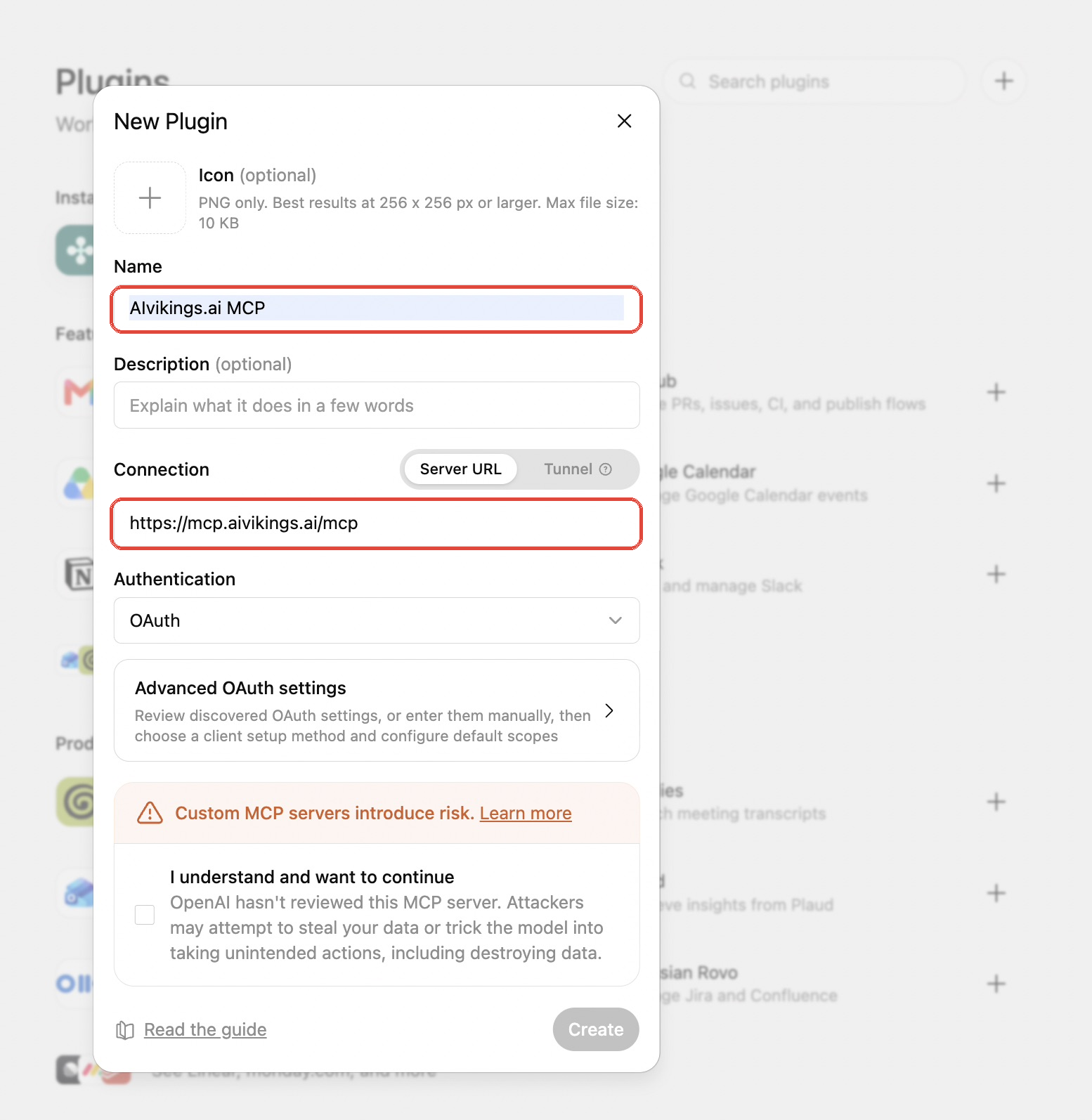 ChatGPT New Plugin dialog with the AiVikings MCP server URL filled in.