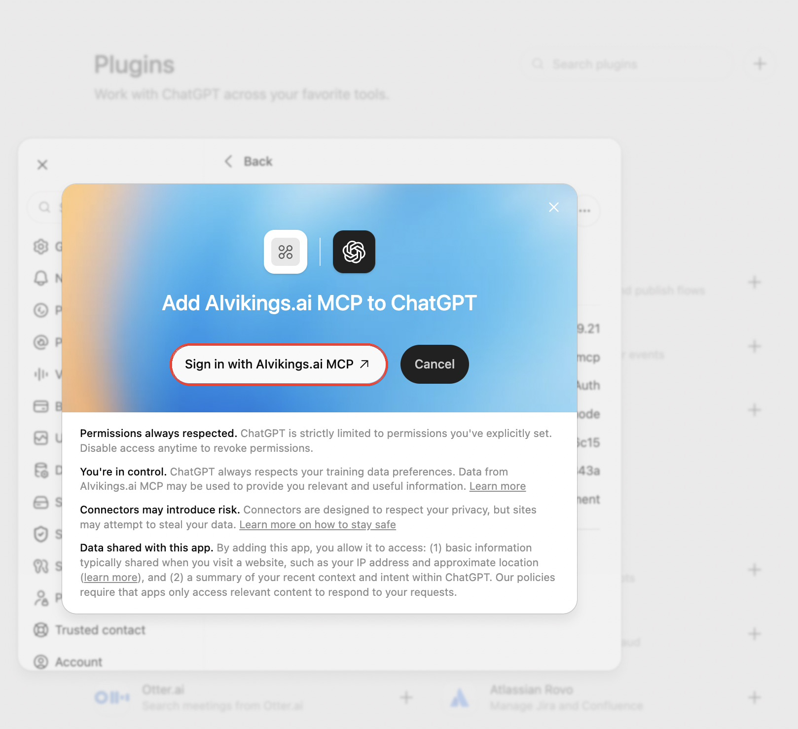 ChatGPT sign-in dialog for the AiVikings MCP plugin.