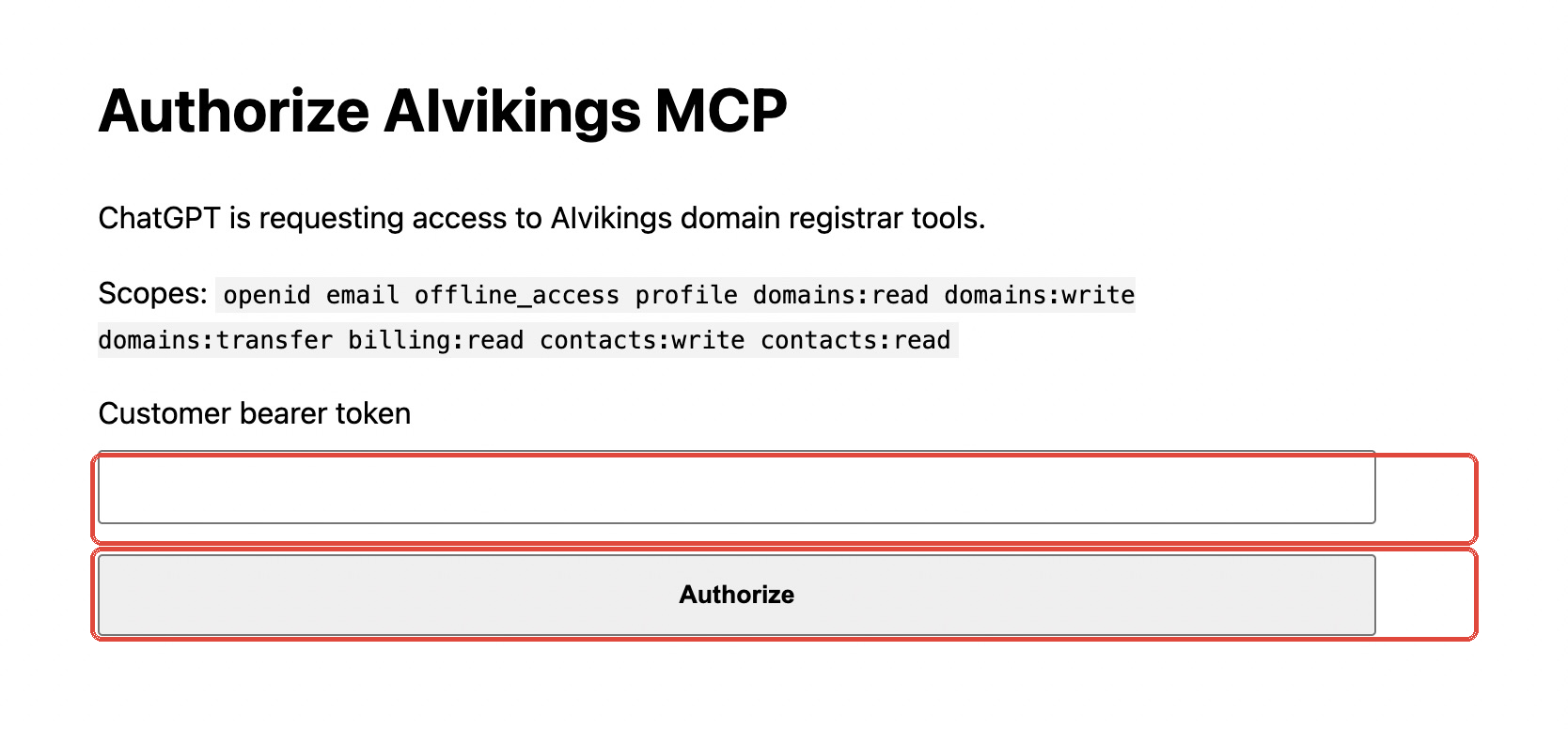 AiVikings authorization page with token field and Authorize button highlighted.