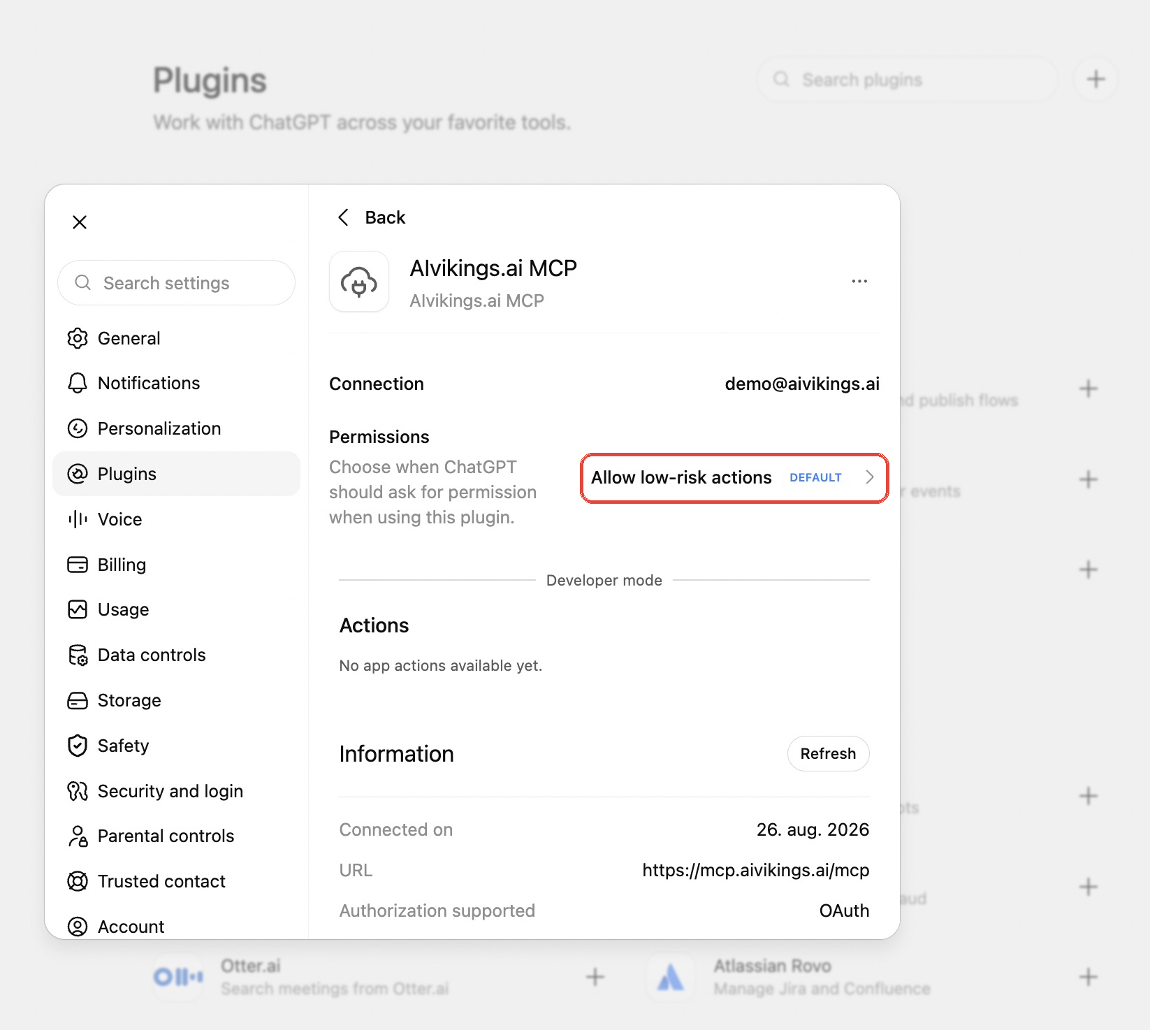 Connected AiVikings MCP plugin detail page in ChatGPT.