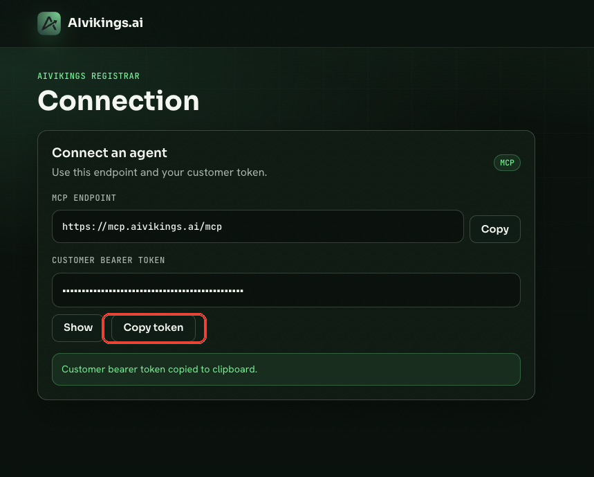 AiVikings Connection page with the Copy token button highlighted.