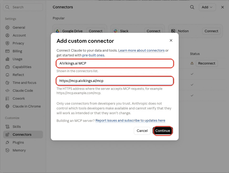Claude custom connector dialog with the AiVikings MCP URL filled in.