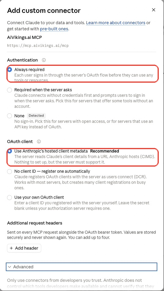 Claude authentication settings for the AiVikings custom connector.