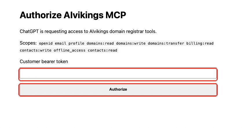 AiVikings authorization page with token field and Authorize button highlighted.