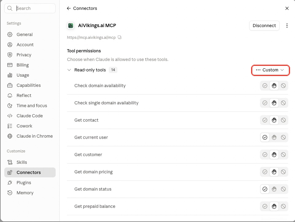 Claude tool permissions for the AiVikings connector.